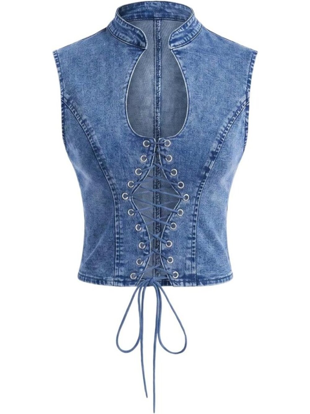 Chic Cut Out Lace Up Denim Crop Top - Mock Neck Sleeveless Jean Tank for Women